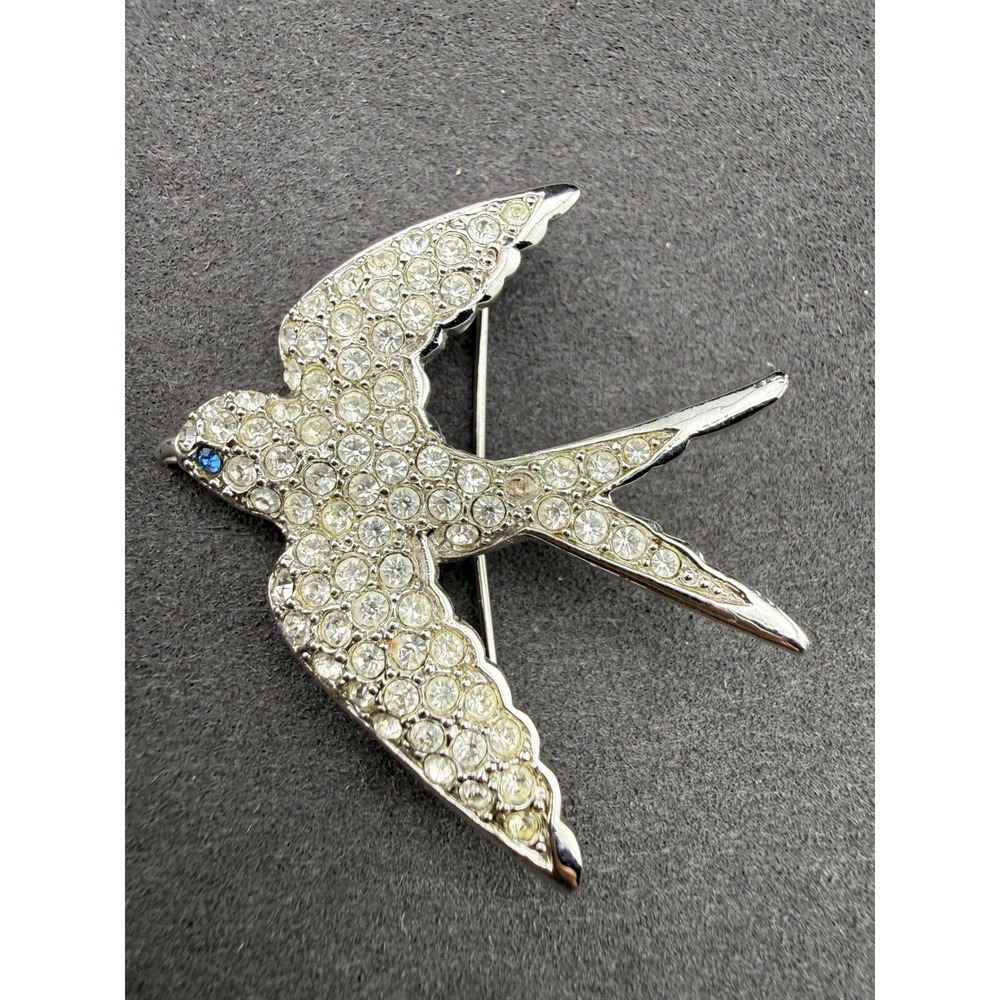 Avon Smithsonian Bird Brooch Rhinestone Silver Tone Swallow Pin Cottagecore
